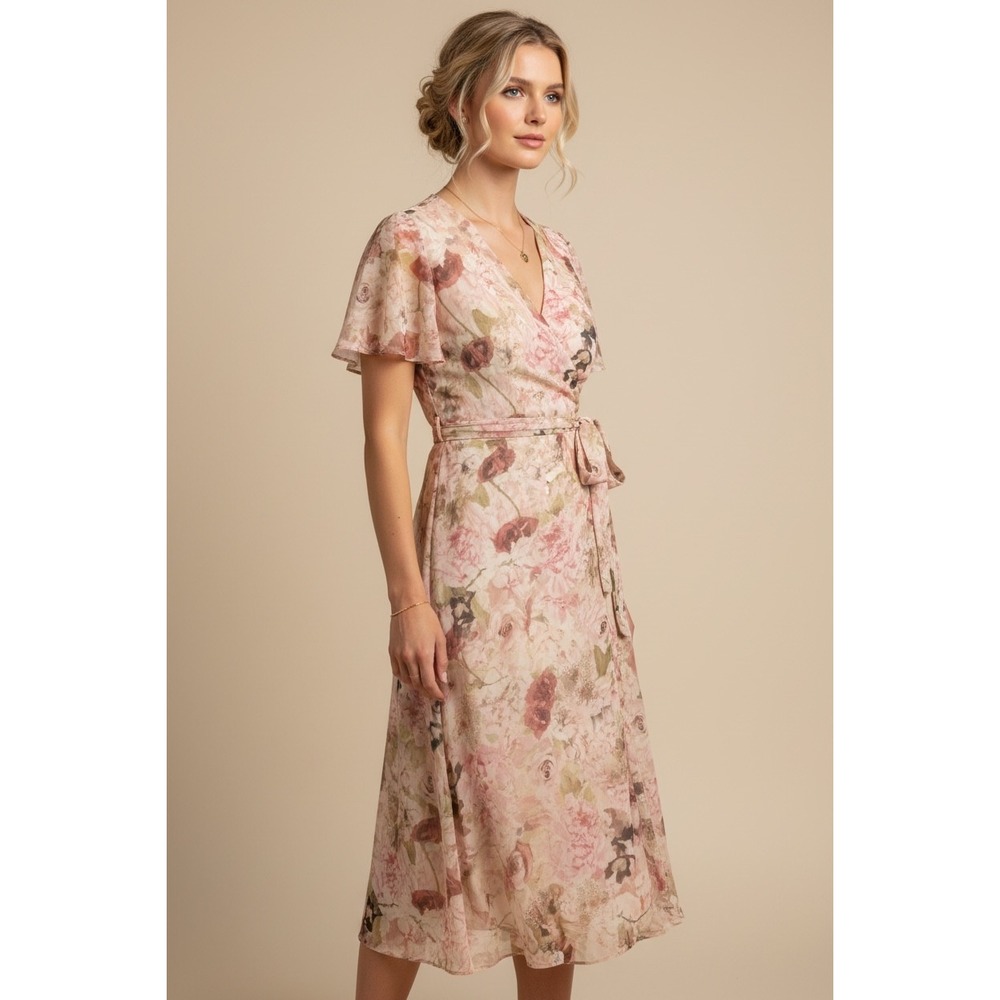 Dazy Floral Wrap Maxi Dress Size Small Pink Cottagecore Puff Sleeve V-Neck